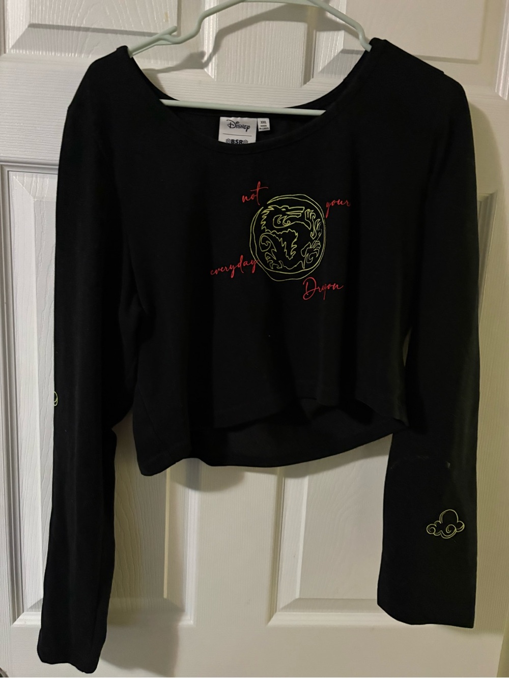 Disney Black Graphic Long Sleeve Crop Top with Neon Green and Pink Accents